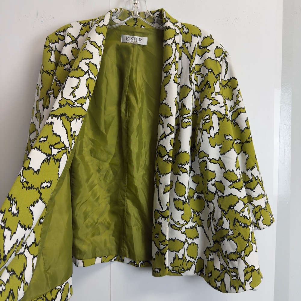 Kasper Womens Green White Abstract Floral Open Front Blazer Jacket Plus Size 16W - Picture 6 of 7